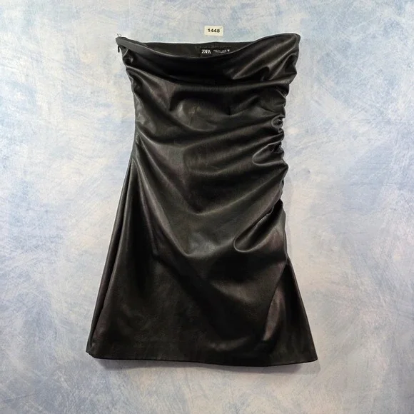 Zara Womens Black Faux Leather Ruched Strapless Mini Tube Dress Small - Picture 1 of 7